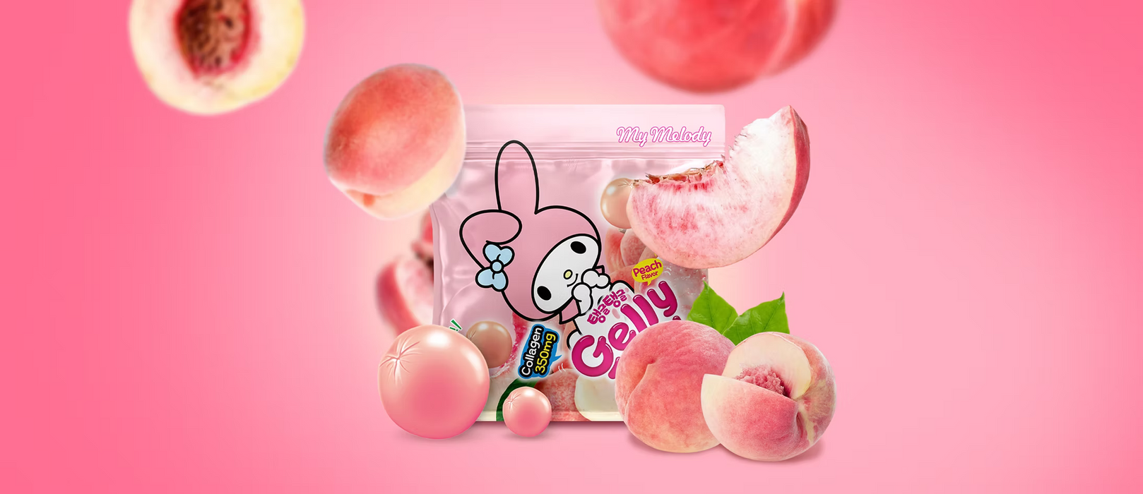 A clear stand-up pouch of My Melody branded peach jelly candies, surrounded by floating peach slices, whole peaches, and peach-colored jelly spheres on a solid pink background.