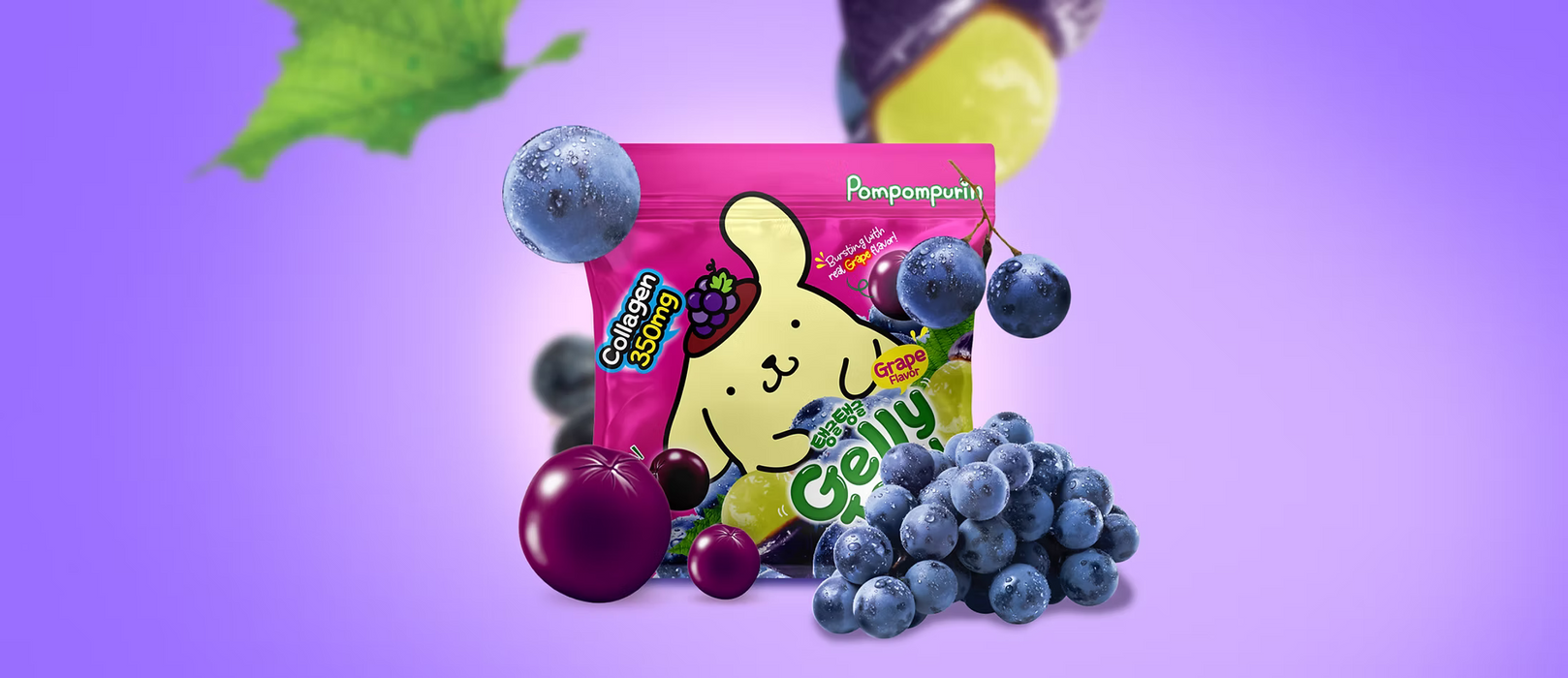A pink bag of Pompompurin Gummy Jelly candies with blueberries, cherries, and grapes around it on a purple gradient background.