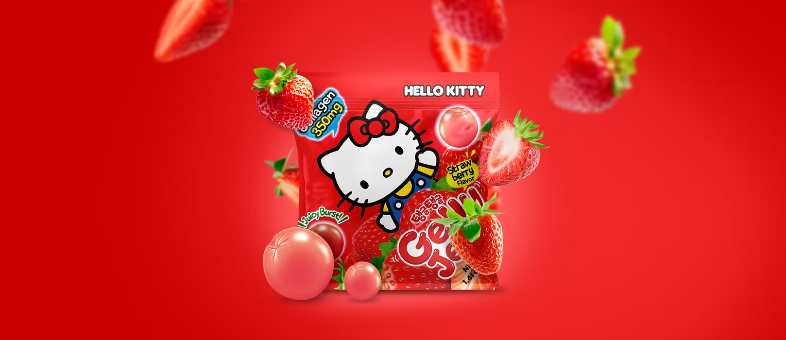 A red Hello Kitty candy bag surrounded by floating strawberries and glossy red candies on a bright red background. The bag features the Hello Kitty character and reads 'HELLO KITTY' and 'Strawberry Jam'.