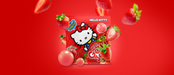 A red Hello Kitty candy bag surrounded by floating strawberries and glossy red candies on a bright red background. The bag features the Hello Kitty character and reads 'HELLO KITTY' and 'Strawberry Jam'.