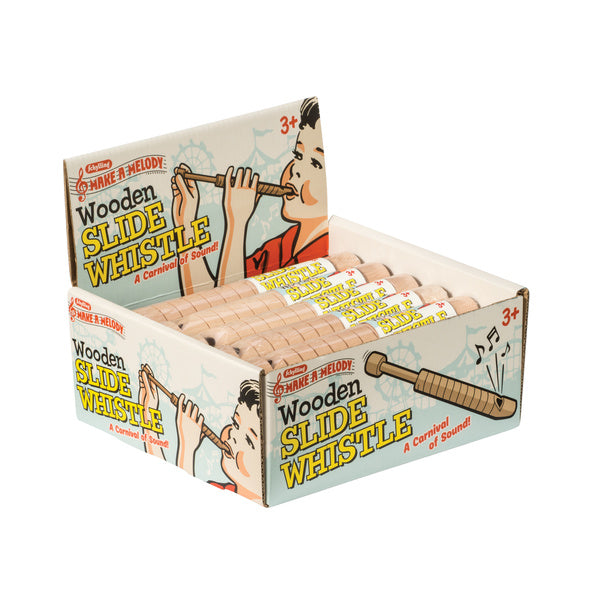 Box of Wooden Slide Whistles with colorful packaging on a white background