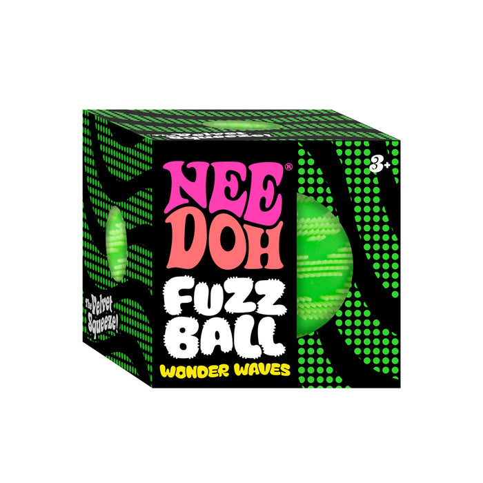 Box of Nee Doh Fuzz Ball Wonder Waves with green ball on a black background