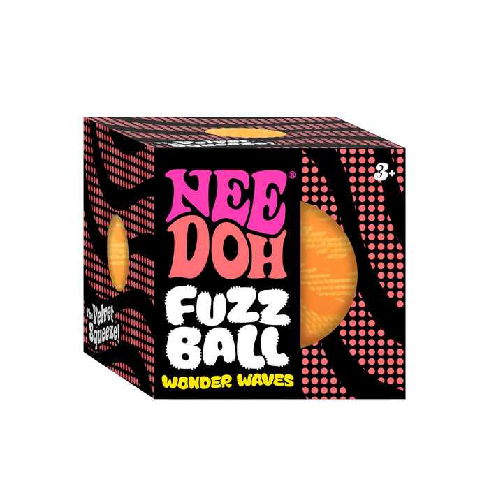 Box of Nee Doh Fuzz Ball Wonder Waves with pink and white text on a black background