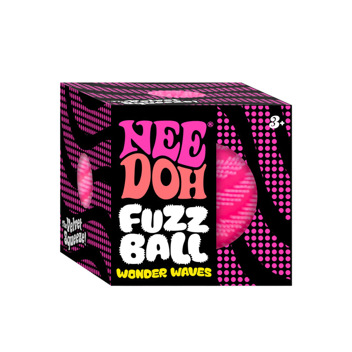 Box of Nee Doh Fuzz Ball Wonder Waves with pink ball on black background