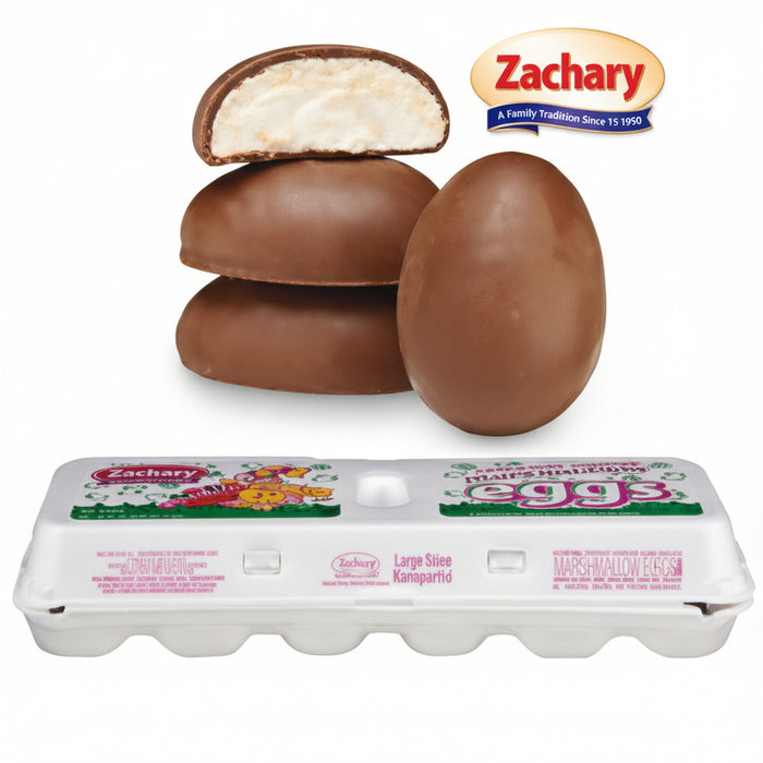 Chocolate eggs with a carton of eggs on a white background, featuring the Zachary brand.