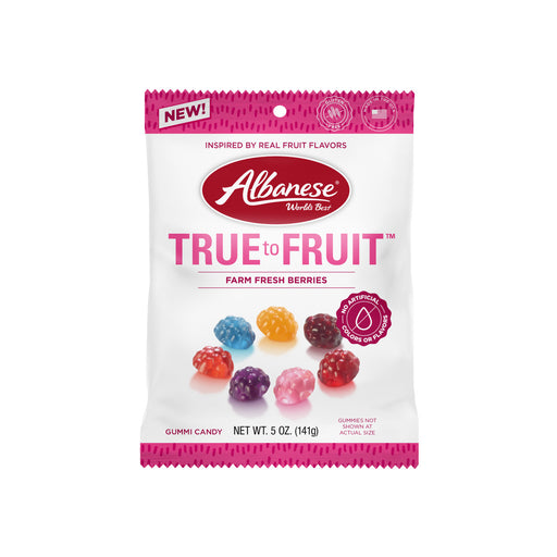 Albanese True to Fruit gummy candy package on a white background