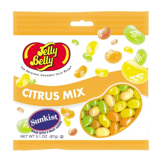 Jelly Belly Citrus Mix candy bag with colorful jelly beans on a white background