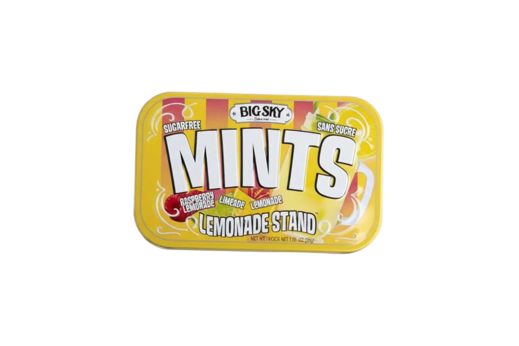 Big Sky Mints Lemonade Stand packaging with lemon slices, raspberries, and lime on a white background