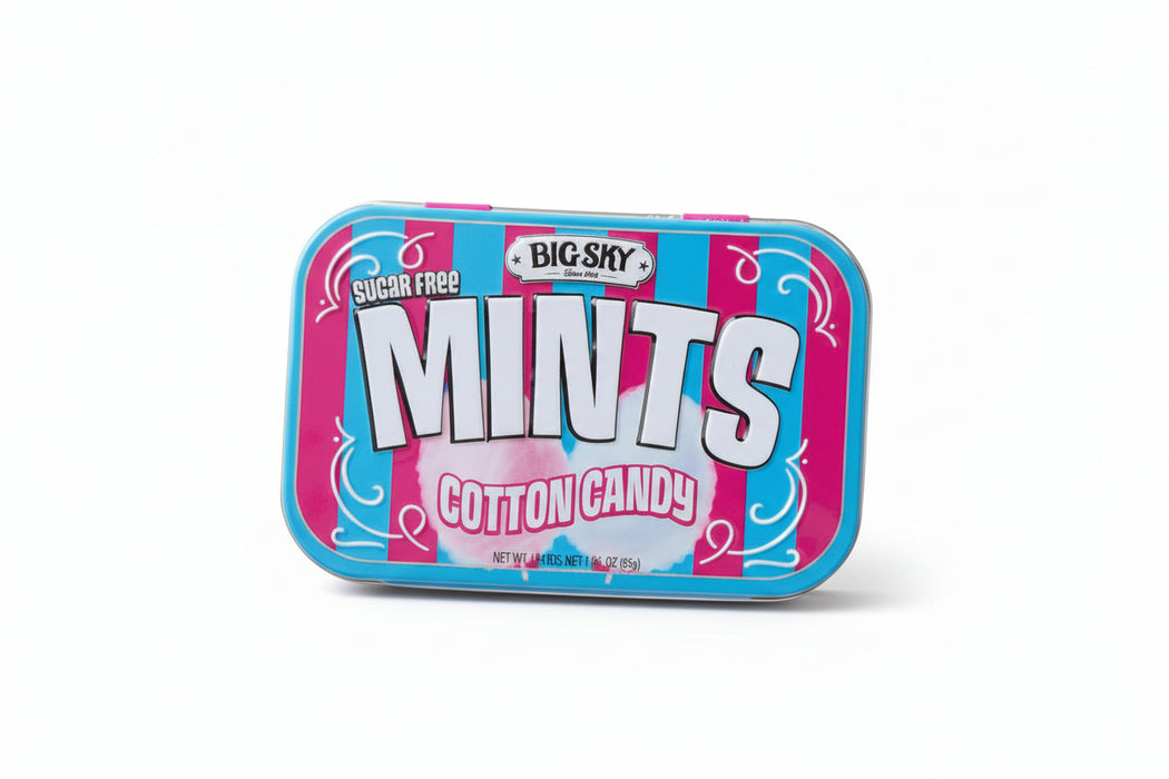 Big Sky sugar-free mints cotton candy tin on a light background with cotton candy-themed packaging.