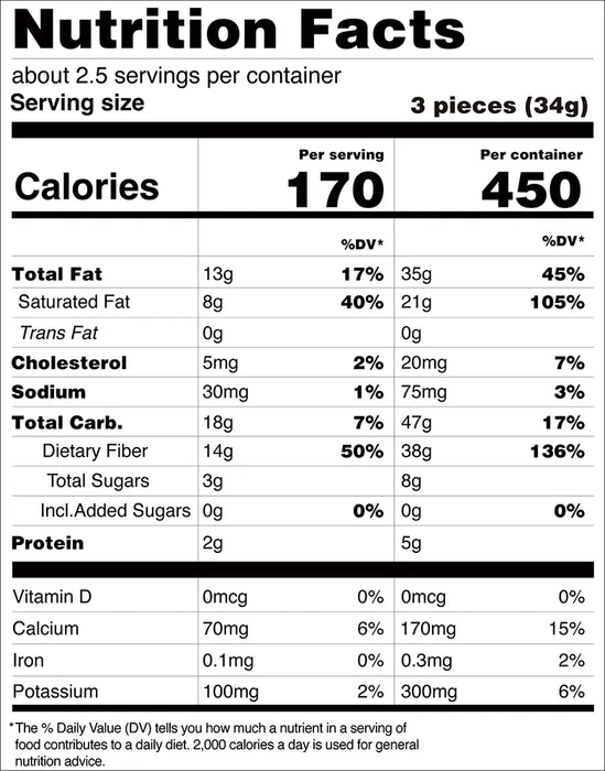 Nutrition facts label for a food product with serving size, calories, and nutritional content per serving and per container.