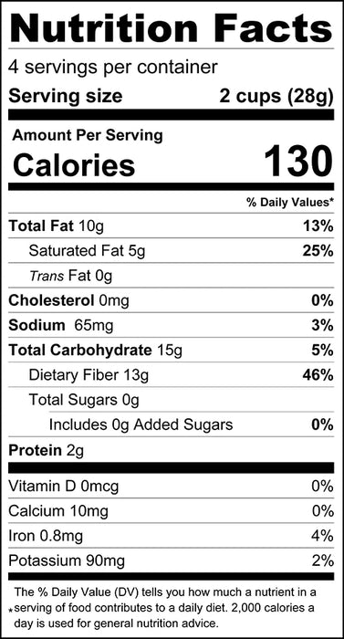 Nutrition facts label for a food product with serving size, calories, and various nutritional values.