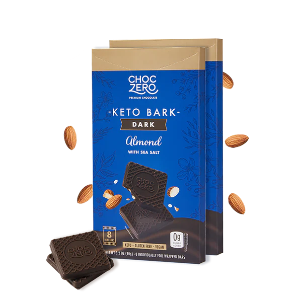 ChocZero Keto Bark Dark Almond with Sea Salt packaging on a white background