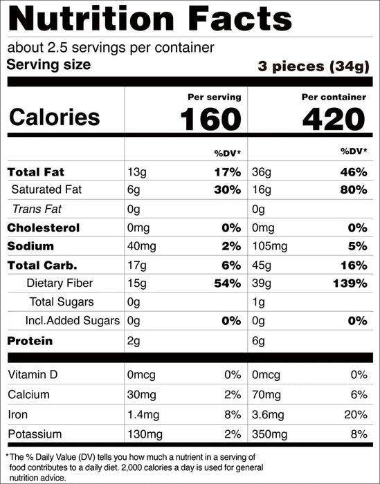 Nutrition facts label for a food product with serving size, calories, and nutritional content per serving.