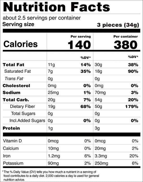 Nutrition facts label for a food product with serving size, calories, and nutritional content per serving.