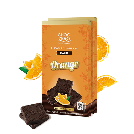 Box of ChocZero dark orange flavored squares with packaging design and product display.