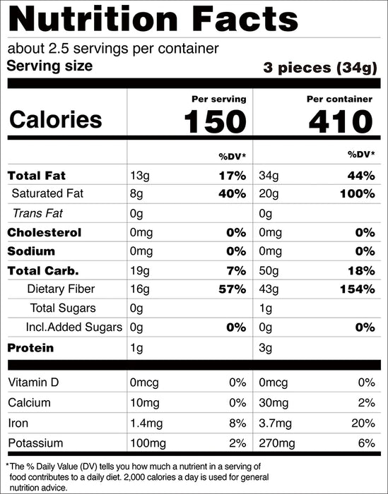 Nutrition facts label for a food product with serving size, calories, and nutritional content per serving and per container.