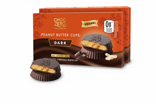 Pack of ChocZero Vegan Dark Peanut Butter Cups with packaging details on a white background