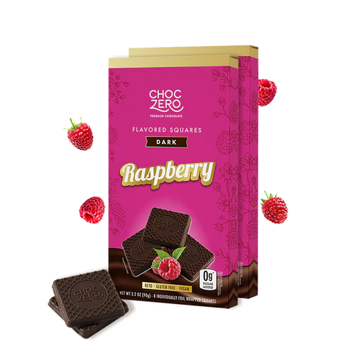 Box of ChocZero Raspberry flavored dark chocolate squares with raspberry illustrations on a white background.