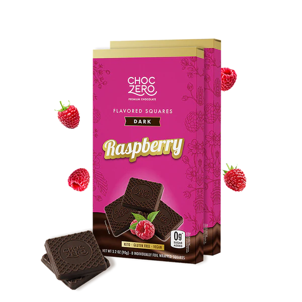 Box of ChocZero Raspberry flavored dark chocolate squares with raspberry illustrations on a white background.