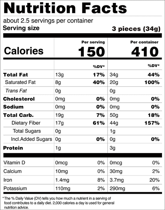 Nutrition facts label for a food product with serving size, calories, and nutritional content per serving.