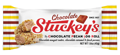Stuckey's Chocolate Pecan Log Roll packaging with red and yellow striped border