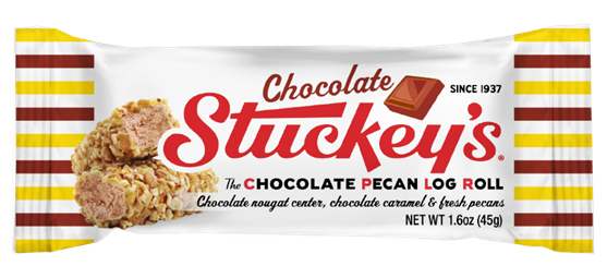 Stuckey's Chocolate Pecan Log Roll packaging with red and yellow striped border