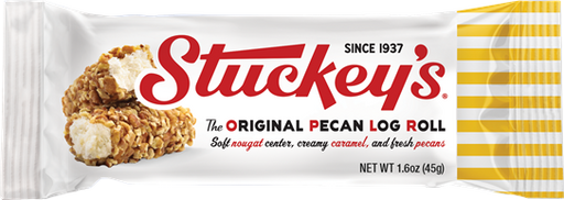 Stuckey's Original Pecan Log Roll packaging with text and a picture of the snack.