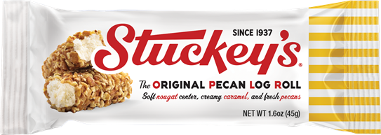 Stuckey's Original Pecan Log Roll packaging with text and a picture of the snack.