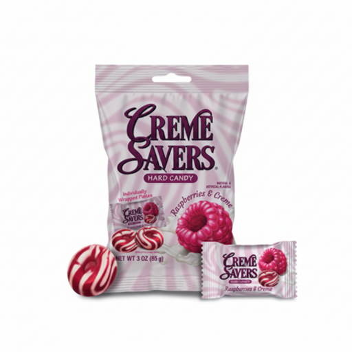 Bag of Creme Savers hard candy with raspberry flavor on a white background