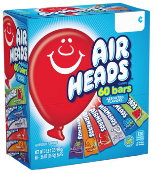 Box of Airheads candy with a red balloon-shaped character on a blue background