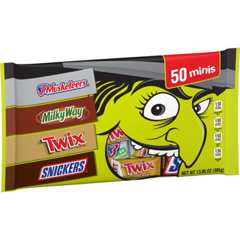A 50 mini chocolate bar bag featuring a bright yellow and green cartoon face on the front, with visible logos for M&M's, Milky Way, Twix, and Snickers Twix. The package is shown on a plain white background.