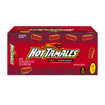 A box of Hot Tamales Flavored Cinnamon Candy product name on a red background 