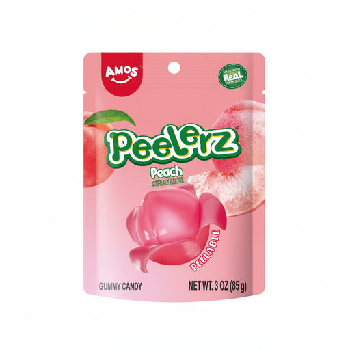 Pink packaging of AMOS PeelErz Peach gummy candies with a green logo.