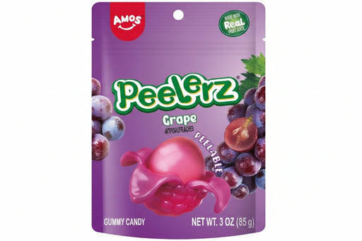 Purple package of Amos Peelerz Grape gummy candies with a pink gummy candy and grapes on the packaging.