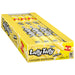 A box of Lafty Taffy Banana flavored holly wraps, showing multiple yellow wrapped candy bars inside a bright yellow retail display box.