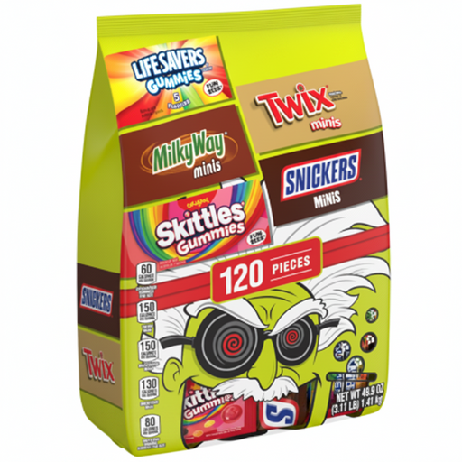 A bag of assorted candy gummies and minis, featuring visible Twix, Milky Way, Skittles Gummies, and Snickers Twix branding, with a bright lime-green package and a cartoon character on the front.