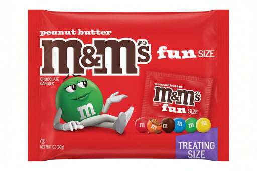 A red bag of M&M's Fun Size chocolate candies with the green M&M's character, peanut butter branding, and a purple 'TREATING SIZE' label.