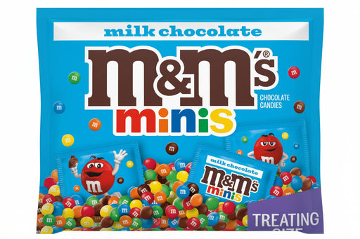 A bag of M&M's Minis milk chocolate treating size candies on a white background.