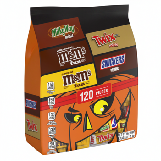 A bag of Halloween-themed candy featuring Milky Way Minis, M&M's Fun Size, Twix Minis, and Snickers Twix Minis, with a pumpkin face graphic on the front and the text '120 Pieces'.