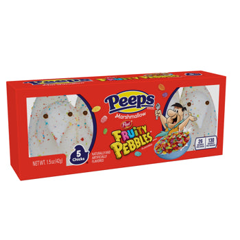 A red box of Peeps Marshmallow Fun! Fruity Pebbles cereal flavor, containing 5 chews, shown on a plain white background.