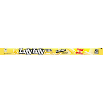 A long, narrow yellow package of Lafty Taffy Banana flavored candy, shown horizontally against a plain white background.