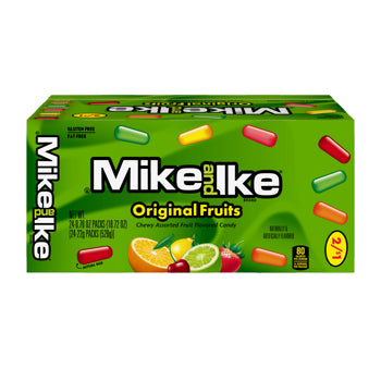 A box of Mike and Ike Original Fruits chewable fruit gummy candy, featuring a bright green packaging design with illustrations of various colorful gummies and fruit slices.