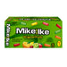 A box of Mike and Ike Original Fruits chewable fruit gummy candy, featuring a bright green packaging design with illustrations of various colorful gummies and fruit slices.
