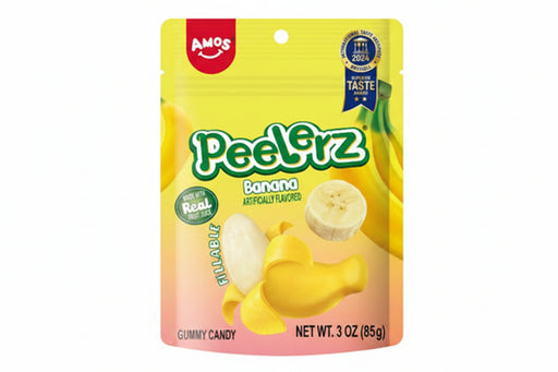 A 3 oz bag of Amos Peelerz Banana gummy candy, featuring a bright yellow and pink gradient package with illustrations of bananas, a peeled banana, and a banana slice.