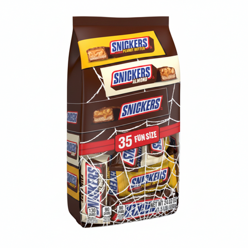 A bag of Snickers Fun Size candy bars, featuring a brown background with white spiderwebs, yellow and red banner accents, and multiple visible Snickers and Reese's packages inside.
