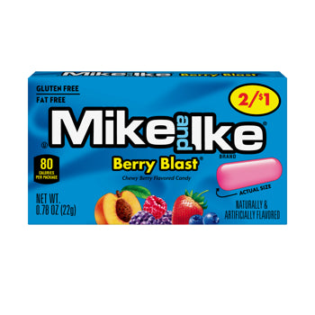 Box of Mike and Ike Berry Blast candy with colorful fruit illustration on a white background
