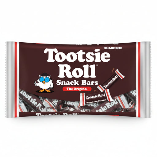 A package of Tootsie Roll Snack Bars in share size, featuring a dark brown label with white lettering, a small owl mascot, and wrapped chocolate bars visible along the bottom.