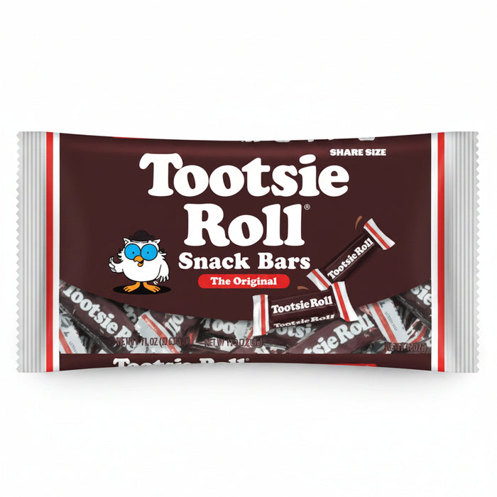 A package of Tootsie Roll Snack Bars in share size, featuring a dark brown label with white lettering, a small owl mascot, and wrapped chocolate bars visible along the bottom.