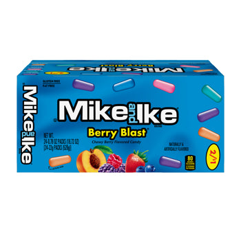 A box of Mike and Ike Berry Blast candy, featuring a bright blue packaging design with illustrations of colorful candy capsules and fruit imagery on the front.