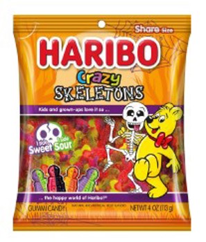 Haribo Crazy Skeletons gummy candy package with cartoon bear and skeleton design.